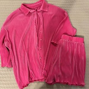 Pink Ribbed Button-Up Top and Shorts Set